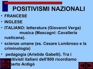 POSITIVISMI NAZIONALI
• FRANCESE
• INGLESE
• ITALIANO: letteratura (Giovanni Verga)
musica (Mascagni: Cavalleria
rusticana).
• scienze umane (es. Cesare Lombroso e la
criminologia)
• pedagogia (Aristide Gabelli). Tra i
positivisti italiani dell'800 ricordiamo
Roberto Ardigò
 