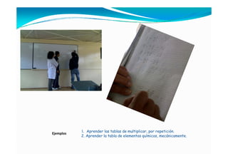 1. Aprender las tablas de multiplicar, por repetición.
Ejemplos
           2.
           2 Aprender la tabla de elementos químicos mecánicamente.
                                              químicos, mecánicamente
 