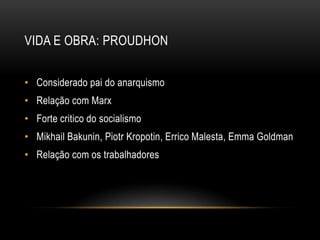 VIDA E OBRA: PROUDHON


• Considerado pai do anarquismo
• Relação com Marx
• Forte critico do socialismo
• Mikhail Bakunin, Piotr Kropotin, Errico Malesta, Emma Goldman
• Relação com os trabalhadores
 
