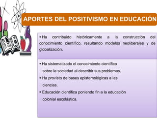 APORTES DEL POSITIVISMO EN EDUCACIÓN
 Ha

contribuido

históricamente

a

la

construcción

del

conocimiento científico, resultando modelos neoliberales y de
globalización.

 Ha sistematizado el conocimiento científico
sobre la sociedad al describir sus problemas.
 Ha provisto de bases epistemológicas a las
ciencias.
 Educación científica poniendo fin a la educación
colonial escolástica.

 