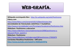 Web-grafía.
Wikipedia enciclopedia libre : http://es.wikipedia.org/wiki/Positivismo
Fideus.com
http://www.fideus.com/corrents%20-%20positivismo.htm
DICCIONARIO DE PSICOLOGÍA CIENTÍFICA Y FILOSÓFICA
http://www.e-torredebabel.com/Psicologia/Vocabulario/Positivismo.htm
Slideshare Positivismo y educacion
http://www.slideshare.net/complementacion2008/positivismo-yeducacin?from_search=1
Slideshare Positivismo
http://www.slideshare.net/edgarvega338/positivismo-27003879
Corrientes Filosóficas Positivismo - UNT.wmv
http://www.youtube.com/watch?v=R3KDqGVKFYg

 
