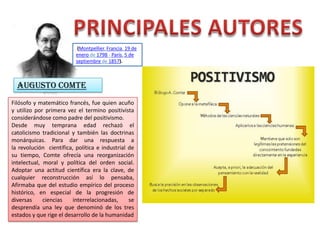 (Montpellier, Francia, 19 de
enero de 1798 - París, 5 de
septiembre de 1857).

AUGUSTO COMTE
Filósofo y matemático francés, fue quien acuño
y utilizo por primera vez el termino positivista
considerándose como padre del positivismo.
Desde muy temprana edad rechazó el
catolicismo tradicional y también las doctrinas
monárquicas. Para dar una respuesta a
la revolución científica, política e industrial de
su tiempo, Comte ofrecía una reorganización
intelectual, moral y política del orden social.
Adoptar una actitud científica era la clave, de
cualquier reconstrucción así lo pensaba,
Afirmaba que del estudio empírico del proceso
histórico, en especial de la progresión de
diversas
ciencias
interrelacionadas,
se
desprendía una ley que denominó de los tres
estados y que rige el desarrollo de la humanidad

 