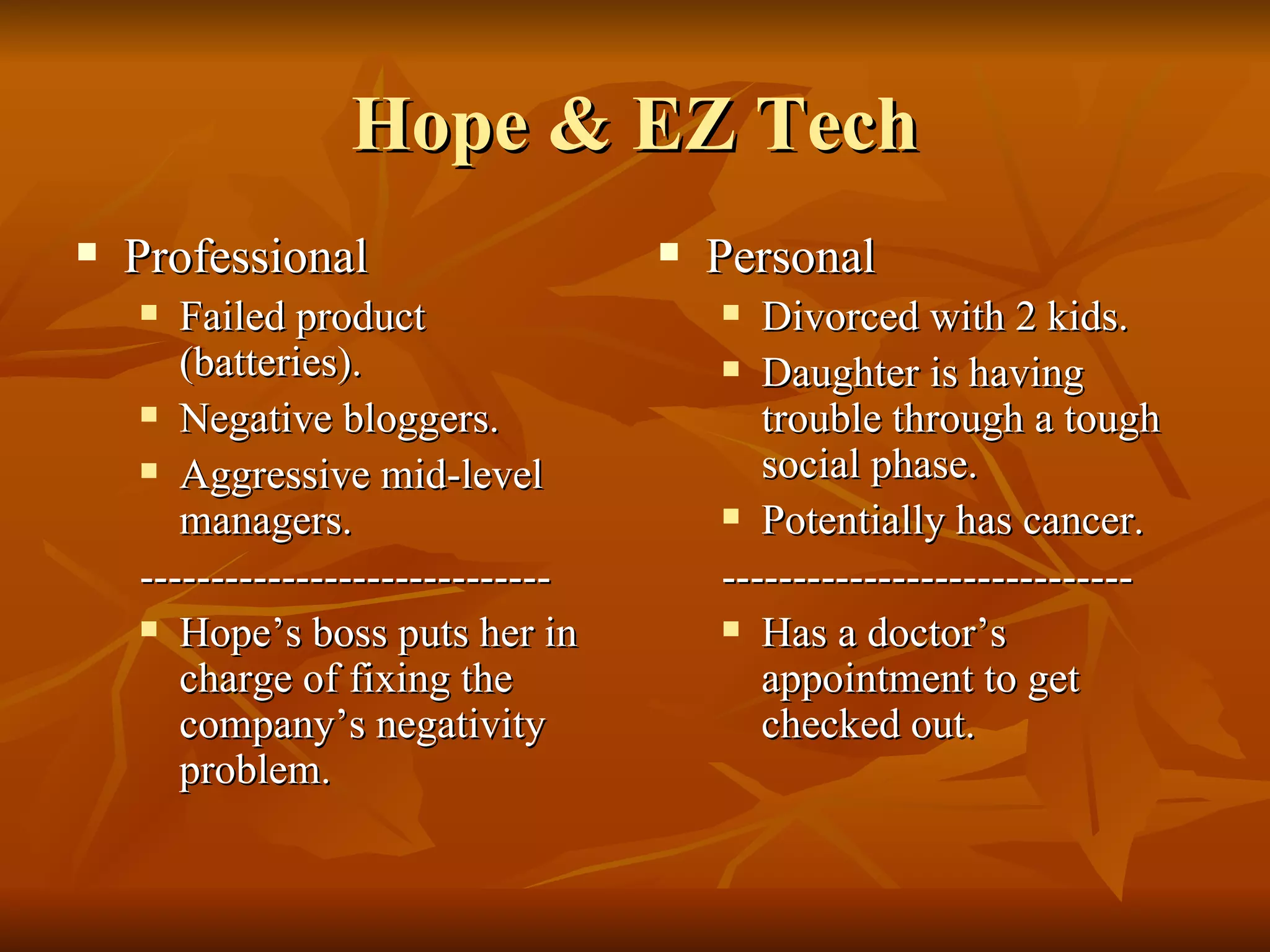 Hope & EZ Tech Professional Failed product (batteries). Negative bloggers. Aggressive mid-level managers. ----------------------------- Hope’s boss puts her in charge of fixing the company’s negativity problem. Personal Divorced with 2 kids. Daughter is having trouble through a tough social phase. Potentially has cancer. ----------------------------- Has a doctor’s appointment to get checked out. 