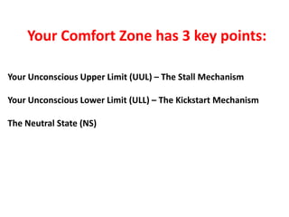 Your Comfort Zone has 3 key points:<br />Your Unconscious Upper Limit (UUL) – The Stall Mechanism<br />Your Unconscious Lo...