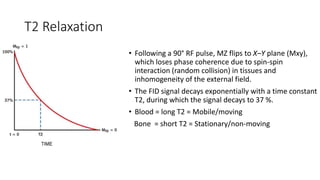 T2 Relaxation
• Following a 90° RF pulse, MZ flips to X–Y plane (Mxy),
which loses phase coherence due to spin-spin
interaction (random collision) in tissues and
inhomogeneity of the external field.
• The FID signal decays exponentially with a time constant
T2, during which the signal decays to 37 %.
• Blood = long T2 = Mobile/moving
Bone = short T2 = Stationary/non-moving
 