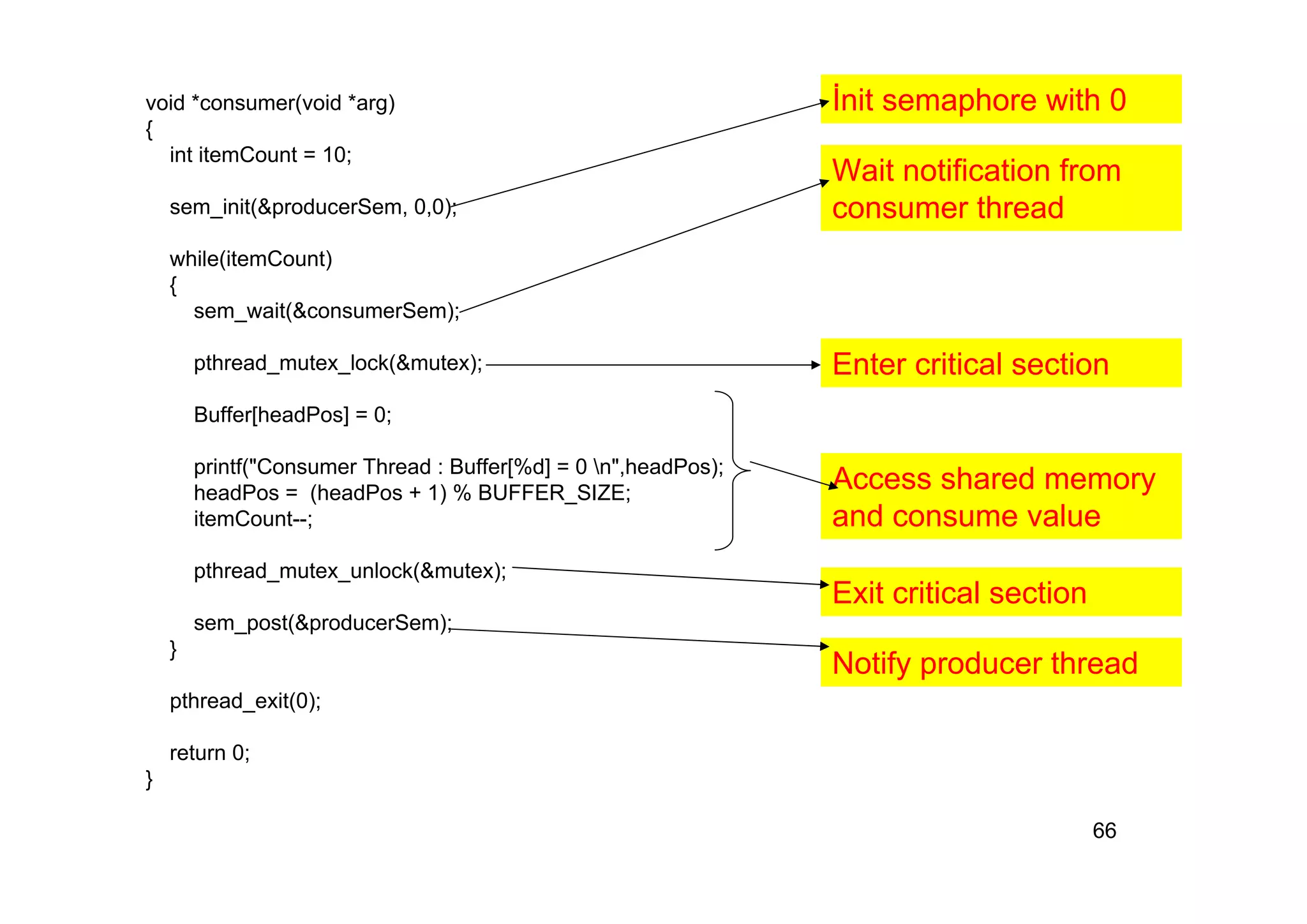 66
void *consumer(void *arg)
{
int itemCount = 10;
sem_init(&producerSem, 0,0);
while(itemCount)
{
sem_wait(&consumerSem);
pthread_mutex_lock(&mutex);
Buffer[headPos] = 0;
printf("Consumer Thread : Buffer[%d] = 0 n",headPos);
headPos = (headPos + 1) % BUFFER_SIZE;
itemCount--;
pthread_mutex_unlock(&mutex);
sem_post(&producerSem);
}
pthread_exit(0);
return 0;
}
İnit semaphore with 0
Wait notification from
consumer thread
Enter critical section
Access shared memory
and consume value
Exit critical section
Notify producer thread
 