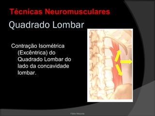 Fábio Mazzola
Quadrado Lombar
Contração Isométrica
(Excêntrica) do
Quadrado Lombar do
lado da concavidade
lombar.
Técnicas NeuromuscularesTécnicas Neuromusculares
 