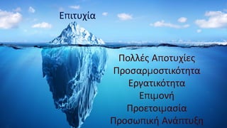 Επιτυχία
Πολλές Αποτυχίες
Προσαρμοστικότητα
Εργατικότητα
Επιμονή
Προετοιμασία
Προσωπική Ανάπτυξη
 