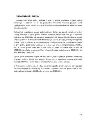 7.3 RA?UN DOBITI I GUBITKA
Prikazali smo ra?un dobiti i gubitka za prve tri godine poslovanja te petu godinu
poslovanja. S obzirom na to da proizvodne kapacitete mo?emo pove?ati samo
zapo?ljavanjem novih radnika, to u prve tri godine nismo u?inili kako bi stabilizirali svoje
financijsko stanje.
Rashodi koji su prikazani u prvoj godini najve?im dijelom su rashodi nastali osnivanjem
samog poduze?a. U prvoj godini nemamo tro?kove amortizacije. Dok je u slijede?im
godinama ona 9.925,00kn (obra?unata je u poglavlju 7.1.). U materijalne tro?kove ura?unali
smo sav potreban materijal za izradu tenisica(boje, kistove, tenisice), materijalana oprema
(stolovi , stolice, ra?unalo te elektri?na energija i tro?kovi vodovoda. U tro?kove promocije
za prvu godinu spada izrada webshopa te je zbog toga prve godine promocija 3.500,00kn,
dok je ostalih godina 2.000,00kn u ?to spada 500,00kn odr?avanje web stranice te
1.500,00kn za odlaske na sajmove. Pla?e svih zaposlenika u bruto iznosu su 3.000,00kn ?to
neto iznosi oko 2.400,00kn.
U prvoj godini oslikavamo ukupno 600 para tenisica, dok u slijede?im godinama oslikavamo
1200 pari tenisica. Sklopili smo ugovor s Borovo d.d. za nabavljanje tenisica po jeftnijoj
cijeni od 109kn/par s obzirom da od njih nabavljamo velike koli?ine tenisica.
U 2018. godini poslovni prihodi ostaju isti jer se kapacitet proizvodnje nije pove?ao, dok
smo radhode pove?ali i to one koji se ti?u pla?a zaposlenika. U 2018. godini pove?ali smo
pla?e na bruto iznos od 3.400,00kn ?to je u netu oko 2.700,00kn.
19
 