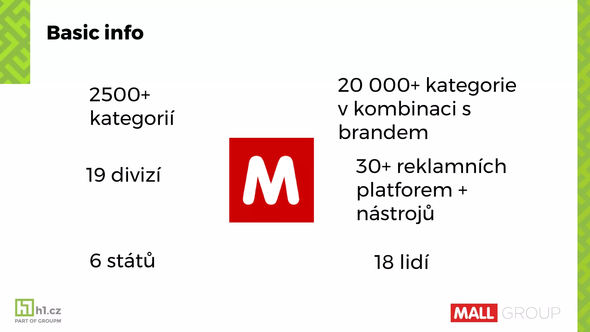 Basic info
2500+
kategorií
20 000+ kategorie
v kombinaci s
brandem
6 států 18 lidí
19 divizí 30+ reklamních
platforem +
nástrojů
 