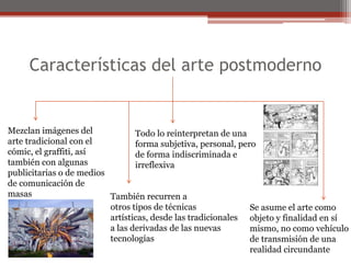 Características del arte postmodernoMezclan imágenes delarte tradicional con elcómic, el graffiti, asítambién con algunaspublicitarias o de mediosde comunicación de masasTodo lo reinterpretan de unaforma subjetiva, personal, perode forma indiscriminada e irreflexivaTambién recurren a otros tipos de técnicasartísticas, desde las tradicionalesa las derivadas de las nuevastecnologíasSe asume el arte comoobjeto y finalidad en símismo, no como vehículode transmisión de unarealidad circundante