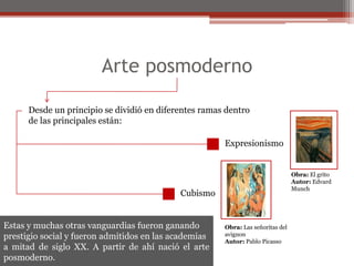 Desde un principio se dividió en diferentes ramas dentrode las principales están:Arte posmodernoExpresionismoObra: El gritoAutor: Edvard MunchCubismoEstas y muchas otras vanguardias fueron ganandoprestigio social y fueron admitidos en las academiasa mitad de siglo XX. A partir de ahí nació el arte posmoderno.Obra: Las señoritas del avignonAutor: Pablo Picasso