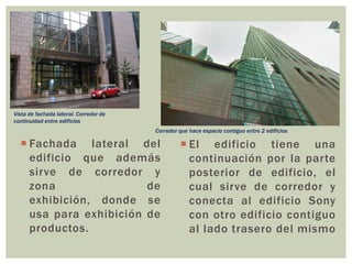  El edificio tiene una
continuación por la parte
posterior de edificio, el
cual sirve de corredor y
conecta al edificio Sony
con otro edificio contiguo
al lado trasero del mismo
 Fachada lateral del
edificio que además
sirve de corredor y
zona de
exhibición, donde se
usa para exhibición de
productos.
Vista de fachada lateral. Corredor de
continuidad entre edificios
Corredor que hace espacio contiguo entre 2 edificios
 