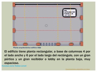 El edificio tiene planta rectangular, a base de columnas 4 por
el lado ancho y 6 por el lado largo del rectángulo, con un gran
pórtico y un gran recibidor o lobby en la planta baja, muy
espacioso.
Conocimientos adquiridos en clase
Francisco Javier Robles Lomelí
Planta arquitectónica edificio At&t
 