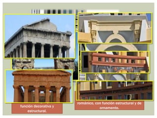 El arco central colocado en el nicho es
un arco de medio punto estilo
románico, con función estructural y de
ornamento.
El friso, arquitrabes y
cornisas estilo griego, con
función decorativa y
estructural.
 