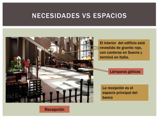 NECESIDADES VS ESPACIOS
El interior del edificio está
revestido de granito rojo,
con canteras en Suecia y
terminó en Italia.
Recepción
La recepción es el
espacio principal del
banco
Lámparas góticas
 