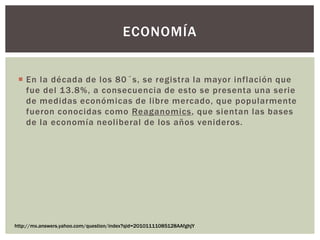  En la década de los 80´s, se registra la mayor inflación que
fue del 13.8%, a consecuencia de esto se presenta una serie
de medidas económicas de libre mercado, que popularmente
fueron conocidas como Reaganomics, que sientan las bases
de la economía neoliberal de los años venideros.
ECONOMÍA
http://mx.answers.yahoo.com/question/index?qid=20101111085128AAfghjY
 