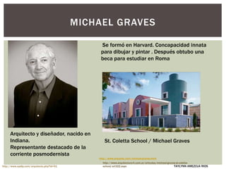 St. Coletta School / Michael Graves
MICHAEL GRAVES
Arquitecto y diseñador, nacido en
Indiana.
Representante destacado de la
corriente posmodernista
http://www.epdlp.com/arquitecto.php?id=51 TAYLYNN AMEZCUA RIOS
Se formó en Harvard. Concapacidad innata
para dibujar y pintar . Después obtubo una
beca para estudiar en Roma
http://www.arquitectura-h.com.ar/articulos/michael-graves-st-coletta-
school/art322.aspx
http://www.arquicity.com/michael-graves.html
 