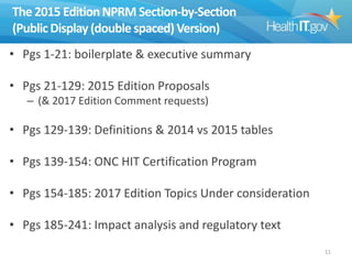 The 2015 Edition NPRM Section-by-Section
(Public Display (double spaced) Version)
• Pgs 1-21: boilerplate & executive summary

• Pgs 21-129: 2015 Edition Proposals
– (& 2017 Edition Comment requests)

• Pgs 129-139: Definitions & 2014 vs 2015 tables
• Pgs 139-154: ONC HIT Certification Program
• Pgs 154-185: 2017 Edition Topics Under consideration
• Pgs 185-241: Impact analysis and regulatory text
11

 