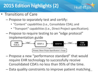 2015 Edition highlights (2)
• Transitions of Care
– Propose to separately test and certify:
• “Content” capabilities (i.e., Consolidate CDA); and
• “Transport” capabilities (i.e., Direct Project specification).

– Propose to require testing to an “edge protocol”
implementation guide

– Propose a new “performance standard” that would
require EHR technology to successfully receive
Consolidated CDA’s no less than 95% of the time.
– Data quality constraints to improve patient matching 13

 