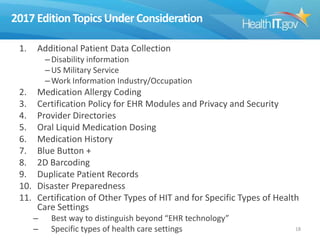 2017 Edition Topics Under Consideration
1.

Additional Patient Data Collection
– Disability information
– US Military Service
– Work Information Industry/Occupation

2.
3.
4.
5.
6.
7.
8.
9.
10.
11.

Medication Allergy Coding
Certification Policy for EHR Modules and Privacy and Security
Provider Directories
Oral Liquid Medication Dosing
Medication History
Blue Button +
2D Barcoding
Duplicate Patient Records
Disaster Preparedness
Certification of Other Types of HIT and for Specific Types of Health
Care Settings
–
–

Best way to distinguish beyond “EHR technology”
Specific types of health care settings

18

 