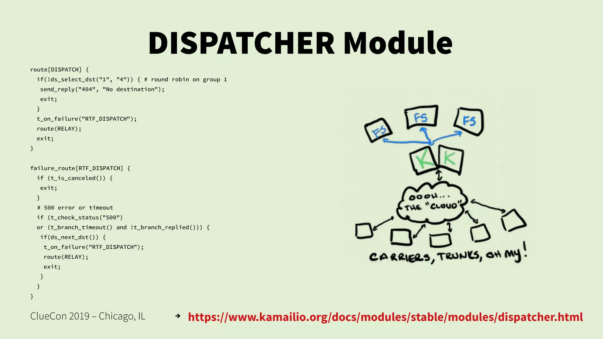 ClueCon 2019 – Chicago, IL
DISPATCHER Module
route[DISPATCH] {
if(!ds_select_dst("1", "4")) { # round robin on group 1
send_reply("404", "No destination");
exit;
}
t_on_failure("RTF_DISPATCH");
route(RELAY);
exit;
}
failure_route[RTF_DISPATCH] {
if (t_is_canceled()) {
exit;
}
# 500 error or timeout
if (t_check_status("500")
or (t_branch_timeout() and !t_branch_replied())) {
if(ds_next_dst()) {
t_on_failure("RTF_DISPATCH");
route(RELAY);
exit;
}
}
}
➔
https://www.kamailio.org/docs/modules/stable/modules/dispatcher.html
 