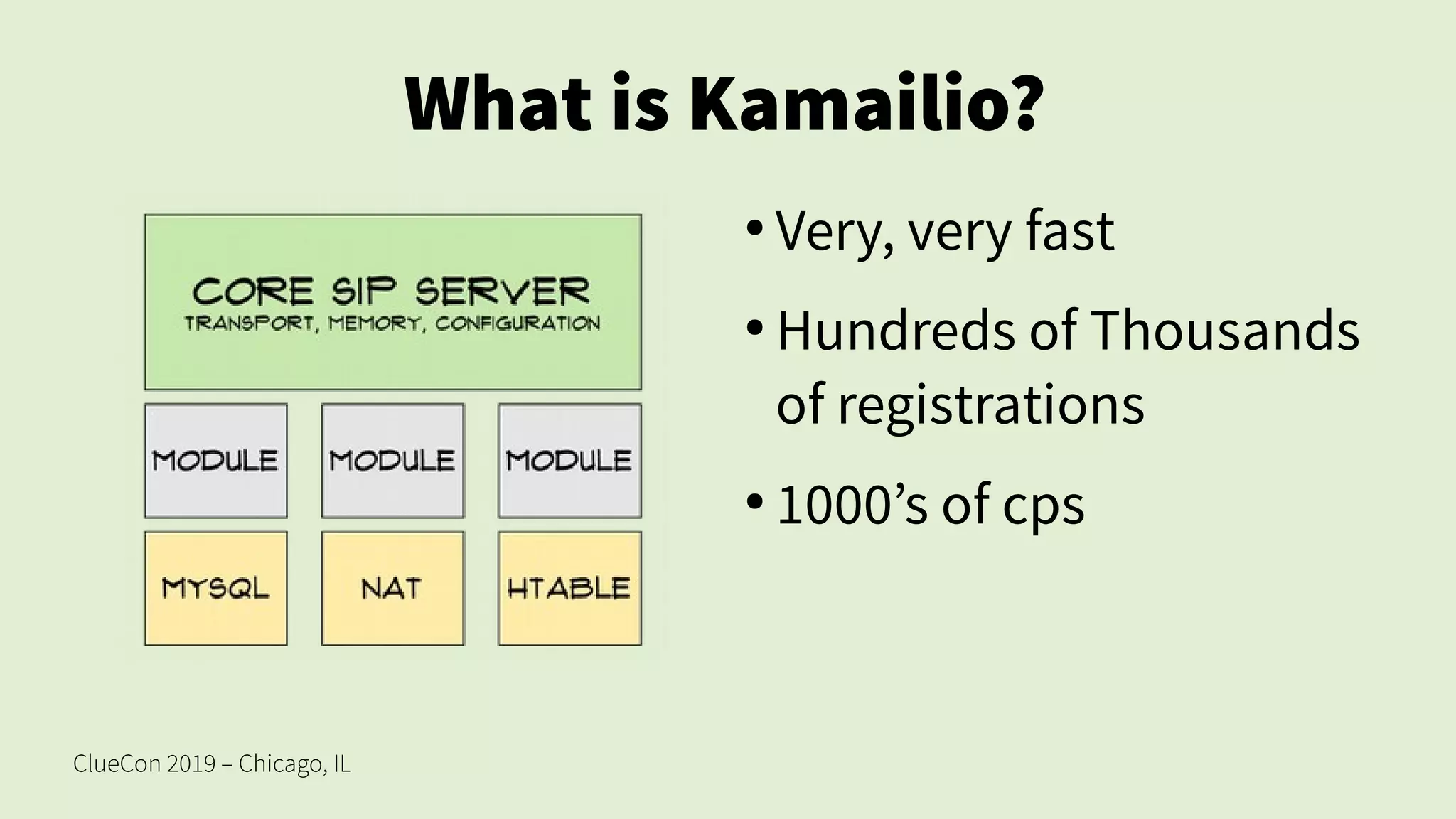 ClueCon 2019 – Chicago, IL
What is Kamailio?
●
Very, very fast
●
Hundreds of Thousands
of registrations
●
1000’s of cps
 