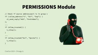 ClueCon 2019 – Chicago, IL
PERMISSIONS Module
// Check if source address/port is in group 1
if (!allow_address("1", "$si", "$sp")) {
sl_send_reply("403", "Forbidden");
};
...
if (allow_trusted()) {
t_relay();
}
...
if (allow_trusted("$si", "$proto")) {
t_relay();
}
 