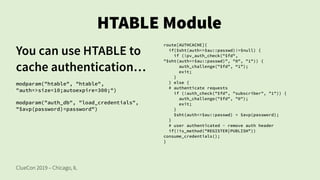 ClueCon 2019 – Chicago, IL
HTABLE Module
You can use HTABLE to
cache authentication…
modparam("htable", "htable",
"auth=>size=10;autoexpire=300;")
modparam("auth_db", "load_credentials",
"$avp(password)=password")
route[AUTHCACHE]{
if($sht(auth=>$au::passwd)!=$null) {
if (!pv_auth_check("$fd",
"$sht(auth=>$au::passwd)", "0", "1")) {
auth_challenge("$fd", “1”);
exit;
}
} else {
# authenticate requests
if (!auth_check("$fd", "subscriber", "1")) {
auth_challenge("$fd", "0");
exit;
}
$sht(auth=>$au::passwd) = $avp(password);
}
# user authenticated - remove auth header
if(!is_method("REGISTER|PUBLISH"))
consume_credentials();
}
 