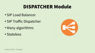 ClueCon 2019 – Chicago, IL
DISPATCHER Module
●
SIP Load Balancer
●
SIP Traffic Dispatcher
●
Many algorithms
●
Stateless
 