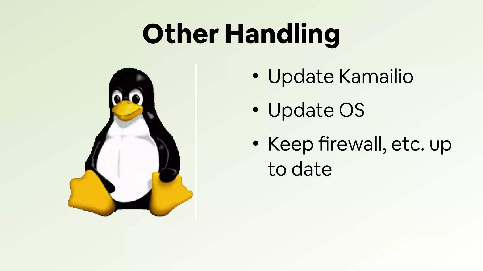 Other Handling
●
Update Kamailio
●
Update OS
●
Keep firewall, etc. up
to date
 