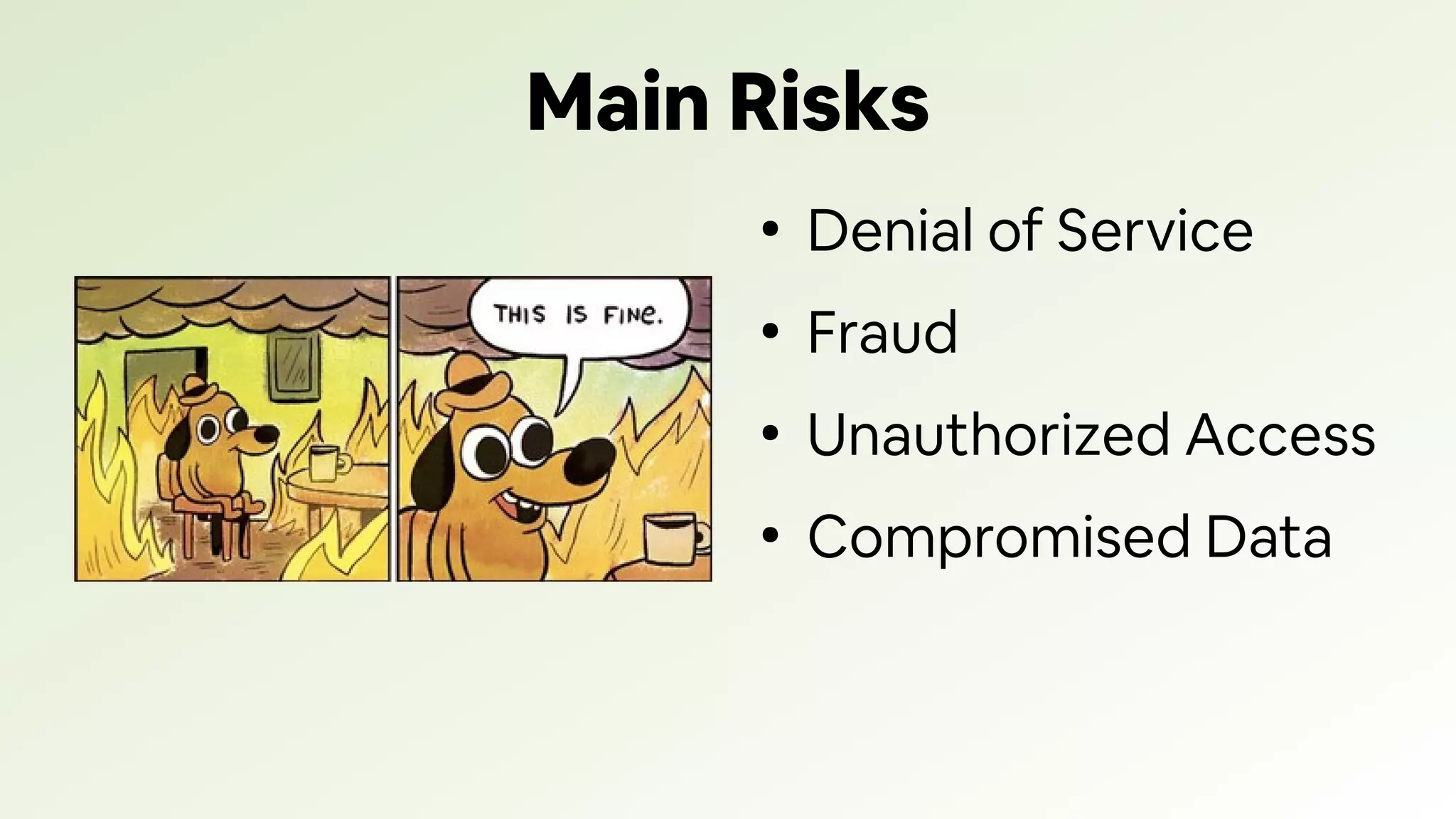 Main Risks
●
Denial of Service
●
Fraud
●
Unauthorized Access
●
Compromised Data
 