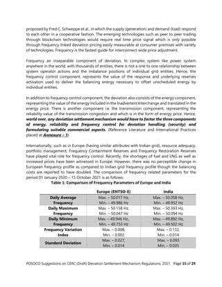 POSOCO Suggestions on CERC (Draft) Deviation Settlement Mechanism Regulations, 2021 Page 15 of 29
proposed by Fred C. Schweppe et.al., in which the supply (generation) and demand (load) respond
to each other in a cooperative fashion. The emerging technologies such as peer to peer trading
through blockchain technologies would require real time price signal which is only possible
through frequency linked deviation pricing easily measurable at consumer premises with variety
of technologies. Frequency is the fastest guide for interconnect-wide price adjustment.
Frequency an inseparable component of deviation. In complex system like power system
anywhere in the world, with thousands of entities, there is not a one to one relationship between
system operator actions and the imbalance positions of individual grid entities. Hence, the
frequency control component, represents the value of the response and underlying reserves
activation used to deliver the balancing energy necessary to offset unscheduled energy by
individual entities.
In addition to frequency control component, the deviation also consists of the energy component,
representing the value of the energy included in the Inadvertent Interchange and translated in the
energy price. There is another component i.e. the transmission component, representing the
reliability value of the transmission congestion and which is in the form of energy price. Hence,
world over, any deviation settlement mechanism would have to factor the three components
of energy, reliability and frequency control for deviation handling (security) and
formulating suitable commercial aspects. (Reference Literature and International Practices
placed at Annexure – 1)
Internationally, such as in Europe (having similar attributes with Indian grid), resource adequacy,
portfolio management, Frequency Containment Reserves and Frequency Restoration Reserves
have played vital role for frequency control. Recently, the shortages of fuel and LNG as well as
increased prices have been witnessed in Europe. However, there was no perceptible change in
European frequency profile as compared to Indian grid frequency profile though the balancing
costs are reported to have doubled. The comparison of frequency related parameters for the
period 01 January 2020 – 15 October 2021 is as follows:
Table 1: Comparison of Frequency Parameters of Europe and India
Europe (ENTSO-E) India
Daily Average
Frequency
Max. – 50.017 Hz,
Min. – 49.986 Hz
Max. – 50.058 Hz,
Min. – 49.932 Hz
Daily Maximum
Frequency
Max. – 50.158 Hz,
Min. – 50.047 Hz
Max. – 50.393 Hz,
Min. – 50.094 Hz
Daily Minimum
Frequency
Max. – 49.946 Hz.,
Min. – 49.753 Hz
Max. – 49.892 Hz,
Min. – 49.502 Hz
Frequency Variation
Index
Max. – 0.008,
Min. – 0.002
Max. – 0.132,
Min. – 0.014
Standard Deviation
Max. – 0.027,
Min. – 0.014
Max. – 0.093
Min. – 0.035
 