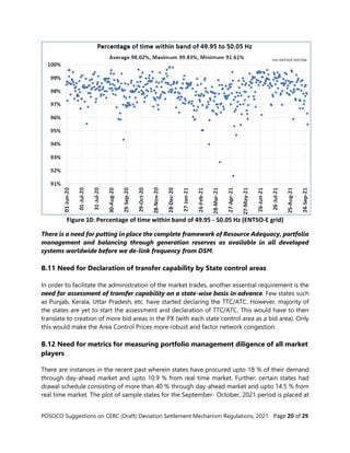 POSOCO Suggestions on CERC (Draft) Deviation Settlement Mechanism Regulations, 2021 Page 20 of 29
Figure 10: Percentage of time within band of 49.95 - 50.05 Hz (ENTSO-E grid)
There is a need for putting in place the complete framework of Resource Adequacy, portfolio
management and balancing through generation reserves as available in all developed
systems worldwide before we de-link frequency from DSM.
B.11 Need for Declaration of transfer capability by State control areas
In order to facilitate the administration of the market trades, another essential requirement is the
need for assessment of transfer capability on a state-wise basis in advance. Few states such
as Punjab, Kerala, Uttar Pradesh, etc. have started declaring the TTC/ATC. However, majority of
the states are yet to start the assessment and declaration of TTC/ATC. This would have to then
translate to creation of more bid areas in the PX (with each state control area as a bid area). Only
this would make the Area Control Prices more robust and factor network congestion.
B.12 Need for metrics for measuring portfolio management diligence of all market
players
There are instances in the recent past wherein states have procured upto 18 % of their demand
through day-ahead market and upto 10.9 % from real time market. Further, certain states had
drawal schedule consisting of more than 40 % through day-ahead market and upto 14.5 % from
real time market. The plot of sample states for the September- October, 2021 period is placed at
 