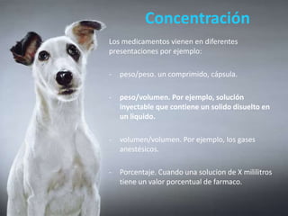 Concentración
Los medicamentos vienen en diferentes
presentaciones por ejemplo:
- peso/peso. un comprimido, cápsula.
- peso/volumen. Por ejemplo, solución
inyectable que contiene un solido disuelto en
un liquido.
- volumen/volumen. Por ejemplo, los gases
anestésicos.
- Porcentaje. Cuando una solucion de X mililitros
tiene un valor porcentual de farmaco.
 