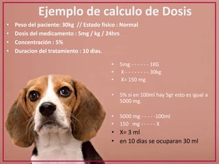 Ejemplo de calculo de Dosis
• 5mg - - - - - - 1KG
• X - - - - - - - - 30kg
• X= 150 mg
• 5% si en 100ml hay 5gr esto es igual a
5000 mg.
• 5000 mg - - - - -100ml
• 150 mg - - - - - X
• X= 3 ml
• en 10 dias se ocuparan 30 ml
• Peso del paciente: 30kg // Estado fisico : Normal
• Dosis del medicamento : 5mg / kg / 24hrs
• Concentración : 5%
• Duracion del tratamiento : 10 dias.
 