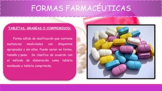 FORMAS FARMACÉUTICAS
TABLETAS, GRAGEAS O COMPRIMIDOS:
Forma sólida de dosificación que contiene
sustancias medicinales con diluyentes
apropiados o sin ellos. Puede variar en forma,
tamaño y peso. Se clasifica de acuerdo con
el método de elaboración como tableta
moldeada o tableta comprimida.
 