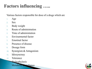 Various factors responsible for dose of a drugs which are
1. Age
2. Sex
3. Body weight
4. Route of administration
5. Time of administration
6. Enviourmental factor
7. Emotinal factor
8. Presence of disease
9. Dosage form
10. Synergism & Antagonism
11. Idiosyncrasy
12. Tolerance
13. Tachyphylaxis
14. Metabolic disturbance
 
