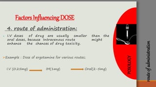 routeofadministration
FactorsInfluencingDOSE
4. route of administration:
 I.V doses of drug are usually smaller than the
oral doses, because Intravenous route might
enhance the chances of drug toxicity.
Example : Dose of ergotamine for various routes;
I.V (0.25mg) IM(1mg) Oral(2-5mg)
POSOLOGY
 