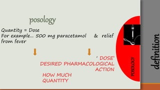 POSOLOGY
posology
Quantity = Dose
For example... 500 mg paracetamol & relief
from fever
‘ DOSE’
DESIRED PHARMACOLOGICAL
ACTION
HOW MUCH
QUANTITY
definition
 
