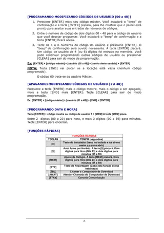 [PROGRAMANDO MODIFICANDO CÓDIGOS DE USUÁRIO (00 a 48)]
    1. Pressione [ENTER] mais seu código máster. Você escutará o “beep” de
       confirmação e a tecla [ENTER] piscará, para lhe mostrar que o painel está
       pronto para aceitar suas entradas de números de códigos.
    2. Entre o número de código de dois dígitos 00 - 48 para o código de usuário
       que você desejar programar. Você escutará o “beep” de confirmação e a
       tecla [ENTER] ficará acesa.
    3. Tecle os 4 a 6 números do código do usuário e pressione [ENTER]. O
       “beep” de confirmação será ouvido novamente. A tecla [ENTER] piscará.
       Um código de usuário de 4 (ou 6) dígitos foi entrado na memória. Você
       pode continuar programando outros códigos de usuário ou pressionar
       [CLEAR] para sair do modo de programação.
Ex: [ENTER] + [código máster] + [usuário (00 a 48)] + [senha deste usuário] + [ENTER]
NOTA: Tecla [2ND] vai piscar se a locação está vazia (nenhum código
programado).
        O código 00 trata-se do usuário Máster.

[APAGANDO/MODIFICANDO CÓDIGOS DE USUÁRIO (1 A 48)]
Pressione a tecla [ENTER] mais o código mestre, mais o código a ser apagado,
mais a tecla [2ND] mais [ENTER]. Tecle [CLEAR] para sair de modo
programação.
Ex: [ENTER] + [código máster] + [usuário (01 a 48)] + [2ND] + [ENTER]


[PROGRAMANDO DATA E HORA]
Tecle [ENTER] + código mestre ou código de usuário 1 + [MEM] A tecla [MEM] pisca.
Entre 2 dígitos (00 a 23) para hora, e mais 2 dígitos (00 a 59) para minutos.
Tecle [ENTER] para encerrar.


[FUNÇÕES RÁPIDAS]
                                     FUNÇÕES RÁPIDAS
                 TECLAS                     TEMPO (segundos)
                             Teste do Instalador (beep no teclado e na sirene
                    [8]
                                           assim q a zona abrir)
                             Auto Arme por Horário. A tecla [9] piscará. Dois
                    [9]        dígitos para Hora (00a 23) e dois dígitos para
                                             minutos (01 a 59)
                              Ajuste de Relógio. A tecla [MEM] piscará. Dois
                  [MEM]        dígitos para Hora (00a 23) e dois dígitos para
                                             minutos (01 a 59)
                              Teste de Reportagem (Caso esta função esteja
                  [BYP]
                                                habilitada)
                   [TBL]            Chamar o Computador de Download
                 [AWAY]      Atender Chamada do Computador de Download
                  [STAY]                  Cancela Comunicação




                                               6
 