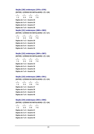 25
Seção [30] endereços (376 a 379)
[ENTER] + [CÓDIGO DO INSTALADOR] + [7] + [30]
__/__ __/__ __/__ __/__
1 2 3 4 5 6 7 8
Dígitos de 1 e 2 – Usuário 25
Dígitos de 3 a 4 – Usuário 26
Dígitos de 5 e 6 – Usuário 27
Dígitos de 7 a 8 – Usuário 28
Seção [31] endereços (380 a 383)
[ENTER] + [CÓDIGO DO INSTALADOR] + [7] + [31]
__/__ __/__ __/__ __/__
1 2 3 4 5 6 7 8
Dígitos de 1 e 2 – Usuário 29
Dígitos de 3 a 4 – Usuário 30
Dígitos de 5 e 6 – Usuário 31
Dígitos de 7 a 8 – Usuário 32
Seção [32] endereços (384 a 387)
[ENTER] + [CÓDIGO DO INSTALADOR] + [7] + [32]
__/__ __/__ __/__ __/__
1 2 3 4 5 6 7 8
Dígitos de 1 e 2 – Usuário 33
Dígitos de 3 a 4 – Usuário 34
Dígitos de 5 e 6 – Usuário 35
Dígitos de 7 a 8 – Usuário 36
Seção [33] endereços (388 a 391)
[ENTER] + [CÓDIGO DO INSTALADOR] + [7] + [33]
__/__ __/__ __/__ __/__
1 2 3 4 5 6 7 8
Dígitos de 1 e 2 – Usuário 37
Dígitos de 3 a 4 – Usuário 38
Dígitos de 5 e 6 – Usuário 39
Dígitos de 7 a 8 – Usuário 40
Seção [34] endereços (392 a 395)
[ENTER] + [CÓDIGO DO INSTALADOR] + [7] + [34]
__/__ __/__ __/__ __/__
1 2 3 4 5 6 7 8
Dígitos de 1 e 2 – Usuário 41
Dígitos de 3 a 4 – Usuário 42
Dígitos de 5 e 6 – Usuário 43
Dígitos de 7 a 8 – Usuário 44
 