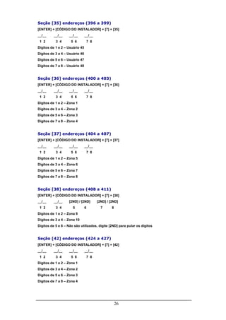 26
Seção [35] endereços (396 a 399)
[ENTER] + [CÓDIGO DO INSTALADOR] + [7] + [35]
__/__ __/__ __/__ __/__
1 2 3 4 5 6 7 8
Dígitos de 1 e 2 – Usuário 45
Dígitos de 3 a 4 – Usuário 46
Dígitos de 5 e 6 – Usuário 47
Dígitos de 7 a 8 – Usuário 48
Seção [36] endereços (400 a 403)
[ENTER] + [CÓDIGO DO INSTALADOR] + [7] + [36]
__/__ __/__ __/__ __/__
1 2 3 4 5 6 7 8
Dígitos de 1 e 2 – Zona 1
Dígitos de 3 a 4 – Zona 2
Dígitos de 5 e 6 – Zona 3
Dígitos de 7 a 8 – Zona 4
Seção [37] endereços (404 a 407)
[ENTER] + [CÓDIGO DO INSTALADOR] + [7] + [37]
__/__ __/__ __/__ __/__
1 2 3 4 5 6 7 8
Dígitos de 1 e 2 – Zona 5
Dígitos de 3 a 4 – Zona 6
Dígitos de 5 e 6 – Zona 7
Dígitos de 7 a 8 – Zona 8
Seção [38] endereços (408 a 411)
[ENTER] + [CÓDIGO DO INSTALADOR] + [7] + [38]
__/__ __/__ [2ND] / [2ND] [2ND] / [2ND]
1 2 3 4 5 6 7 8
Dígitos de 1 e 2 – Zona 9
Dígitos de 3 a 4 – Zona 10
Dígitos de 5 e 8 – Não são utilizados, digite [2ND] para pular os dígitos
Seção [42] endereços (424 a 427)
[ENTER] + [CÓDIGO DO INSTALADOR] + [7] + [42]
__/__ __/__ __/__ __/__
1 2 3 4 5 6 7 8
Dígitos de 1 e 2 – Zona 1
Dígitos de 3 a 4 – Zona 2
Dígitos de 5 e 6 – Zona 3
Dígitos de 7 a 8 – Zona 4
 