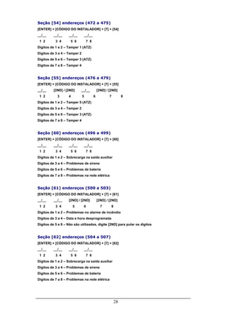 28
Seção [54] endereços (472 a 475)
[ENTER] + [CÓDIGO DO INSTALADOR] + [7] + [54]
__/__ __/__ __/__ __/__
1 2 3 4 5 6 7 8
Dígitos de 1 e 2 – Tamper 1 (ATZ)
Dígitos de 3 a 4 – Tamper 2
Dígitos de 5 e 6 – Tamper 3 (ATZ)
Dígitos de 7 a 8 – Tamper 4
Seção [55] endereços (476 a 479)
[ENTER] + [CÓDIGO DO INSTALADOR] + [7] + [55]
__/__ [2ND] / [2ND] __/__ [2ND] / [2ND]
1 2 3 4 5 6 7 8
Dígitos de 1 e 2 – Tamper 5 (ATZ)
Dígitos de 3 a 4 – Tamper 2
Dígitos de 5 e 6 – Tamper 3 (ATZ)
Dígitos de 7 a 8 – Tamper 4
Seção [60] endereços (496 a 499)
[ENTER] + [CÓDIGO DO INSTALADOR] + [7] + [60]
__/__ __/__ __/__ __/__
1 2 3 4 5 6 7 8
Dígitos de 1 e 2 – Sobrecarga na saída auxiliar
Dígitos de 3 a 4 – Problemas de sirene
Dígitos de 5 e 6 – Problemas de bateria
Dígitos de 7 a 8 – Problemas na rede elétrica
Seção [61] endereços (500 a 503)
[ENTER] + [CÓDIGO DO INSTALADOR] + [7] + [61]
__/__ __/__ [2ND] / [2ND] [2ND] / [2ND]
1 2 3 4 5 6 7 8
Dígitos de 1 e 2 – Problemas no alarme de incêndio
Dígitos de 3 a 4 – Data e hora desprogramada
Dígitos de 5 e 8 – Não são utilizados, digite [2ND] para pular os dígitos
Seção [62] endereços (504 a 507)
[ENTER] + [CÓDIGO DO INSTALADOR] + [7] + [62]
__/__ __/__ __/__ __/__
1 2 3 4 5 6 7 8
Dígitos de 1 e 2 – Sobrecarga na saída auxiliar
Dígitos de 3 a 4 – Problemas de sirene
Dígitos de 5 e 6 – Problemas de bateria
Dígitos de 7 a 8 – Problemas na rede elétrica
 