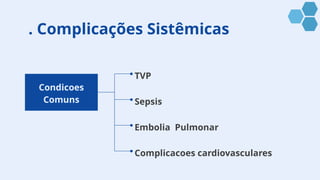. Complicações Sistêmicas
Condicoes
Comuns
TVP
Sepsis
Embolia Pulmonar
Complicacoes cardiovasculares
 