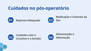 Cuidados no pós-operatório
01
04
02
03
Repouso Adequado
Medicação e Controle da
Dor
Cuidados com o
Curativo e a Incisão
Alimentação e
Hidratação
 