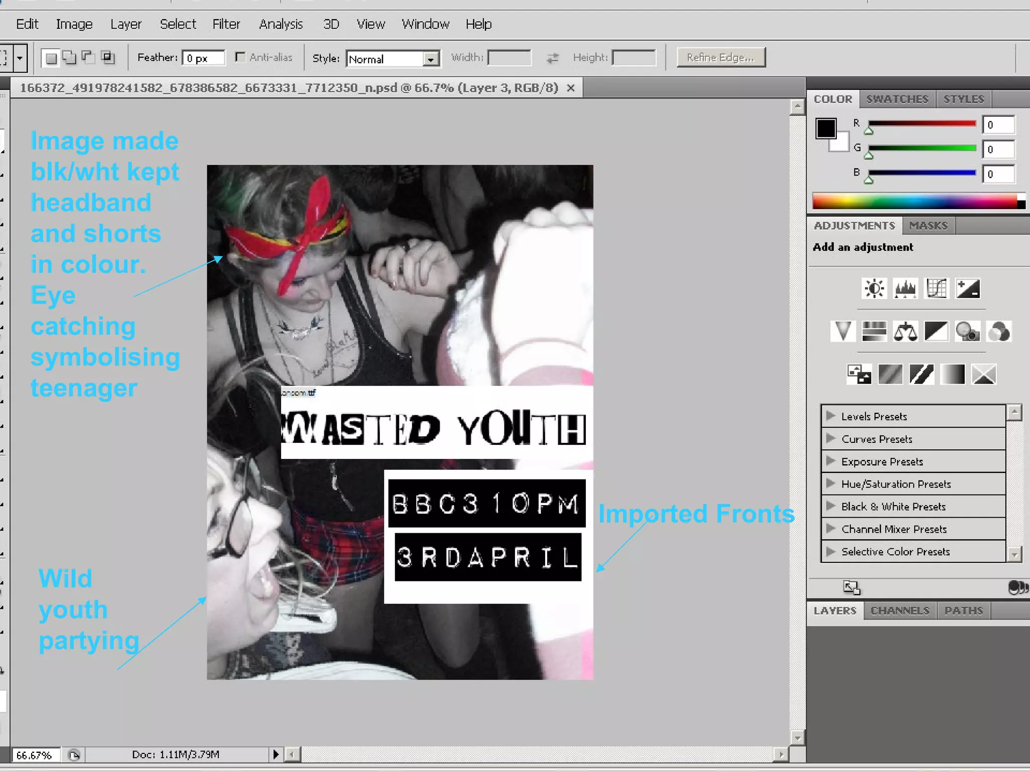 Image made blk/wht kept headband and shorts in colour. Eye catching symbolising teenager Imported   Fronts   Wild youth partying 