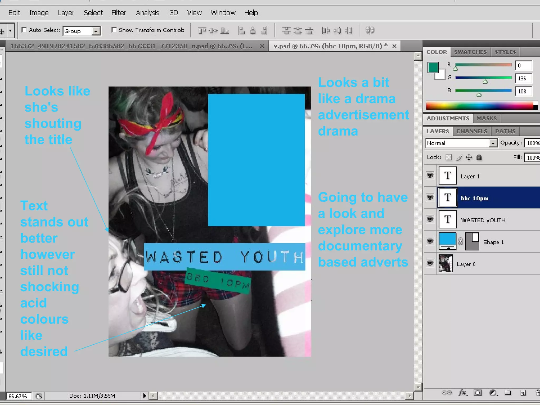 Looks a bit like a drama advertisement drama  Text stands out better however still not shocking acid colours like desired Looks like she's shouting the title Going to have a look and explore more documentary based adverts 