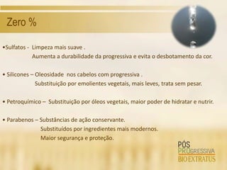 Zero %

•Sulfatos - Limpeza mais suave .
            Aumenta a durabilidade da progressiva e evita o desbotamento da cor.

• Silicones – Oleosidade nos cabelos com progressiva .
              Substituição por emolientes vegetais, mais leves, trata sem pesar.

• Petroquímico – Substituição por óleos vegetais, maior poder de hidratar e nutrir.

• Parabenos – Substâncias de ação conservante.
              Substituídos por ingredientes mais modernos.
              Maior segurança e proteção.
 
