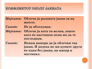 КОНФЛИКТОТ ОКОЛУ ЈАКНАТА


Мајката: Облечи ја розовата јакна за на
         школо.
Синот:   Не ја облекувам.
Мајката: Облечи ја кога ти велам, зошто
         кога ќе настинеш нема ни да те
         погледнам.
Синот:   Немам намера да ја облечам таа
         јакна. И додека не ми купите друга
         ќе одам без јакна, па макар и
         настинал.
 